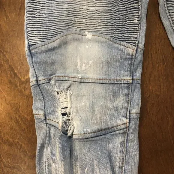 Preme Denim Distressed Ripped Jeans Light Wash  Stacked Moto Mens 43x32 P10 - Picture 2 of 7